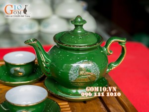 Bộ ấm chén phú quý xanh vẽ công, kẻ chỉ vàng kim