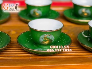 Bộ ấm chén phú quý xanh vẽ công, kẻ chỉ vàng kim