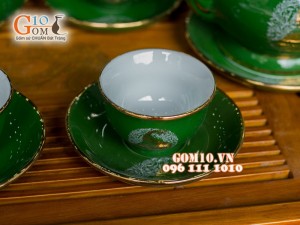 Bộ ấm chén phú quý xanh vẽ công, kẻ chỉ vàng kim