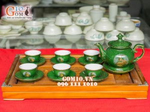 Bộ ấm chén phú quý xanh vẽ công, kẻ chỉ vàng kim