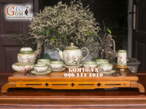 Bộ ấm chén quả đào men vuốt, vẽ hoa đào 600ml, 3 món phụ kiện