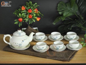 Bộ ấm chén quả hồng dẹt men kem hoa Đào xanh, 350ml