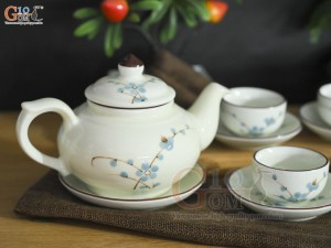 Bộ ấm chén quả hồng dẹt men kem hoa Đào xanh, 350ml