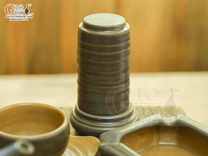 Bộ ấm chén quả hồng gốm ganh khắc mai vàng đầy đủ phụ kiện, 350ml