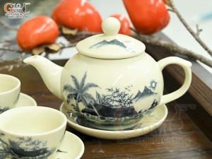 Bộ ấm chén quả hồng men cổ cảnh Làng Quê, 350ml