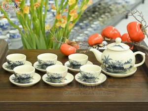 Bộ ấm chén quả hồng men cổ cảnh Làng Quê, 350ml