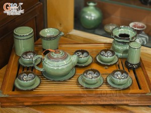 Bộ ấm chén quả hồng men hỏa biến xanh ngọc, chén lòng hoa đầy đủ phụ kiện, 350ml