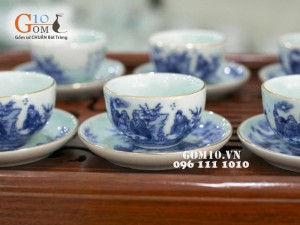 Bộ ấm chén quả hồng men lam cổ, cảnh trúc lâm thất hiền, kẻ chỉ vàng kim