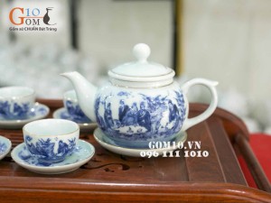 Bộ ấm chén quả hồng men lam cổ, cảnh trúc lâm thất hiền, kẻ chỉ vàng kim