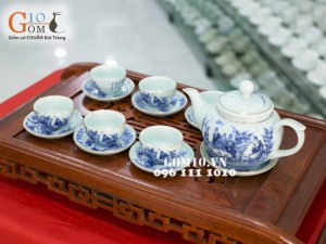 Bộ ấm chén quả hồng men lam cổ, cảnh trúc lâm thất hiền, kẻ chỉ vàng kim