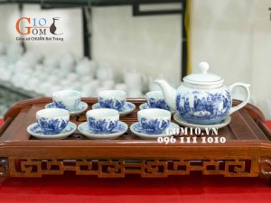 Bộ ấm chén quả hồng men lam cổ, cảnh trúc lâm thất hiền, kẻ chỉ vàng kim