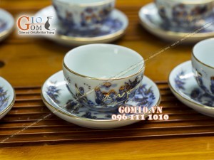 Bộ ấm chén quả hồng men rong cổ họa tiết Trúc Lâm Thất Hiền 300ml - Vẽ vàng 24k