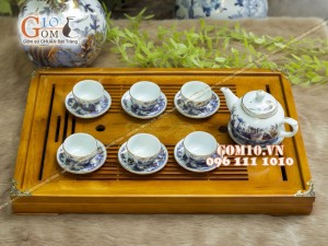 Bộ ấm chén quả hồng men rong cổ họa tiết Trúc Lâm Thất Hiền 300ml - Vẽ vàng 24k