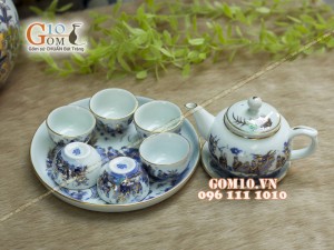 Bộ ấm chén quả hồng men rong cổ họa tiết Trúc Lâm Thất Hiền, khay tròn 300ml - Vẽ vàng 24k