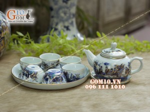 Bộ ấm chén quả hồng men rong cổ họa tiết Trúc Lâm Thất Hiền, khay tròn 300ml - Vẽ vàng 24k