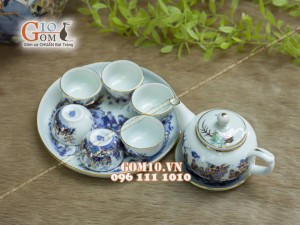 Bộ ấm chén quả hồng men rong cổ họa tiết Trúc Lâm Thất Hiền, khay tròn 300ml - Vẽ vàng 24k