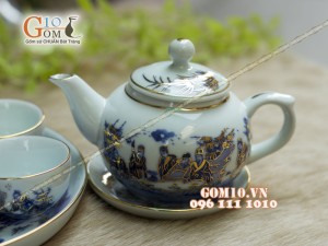 Bộ ấm chén quả hồng men rong cổ họa tiết Trúc Lâm Thất Hiền, khay tròn 300ml - Vẽ vàng 24k