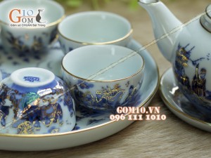 Bộ ấm chén quả hồng men rong cổ họa tiết Trúc Lâm Thất Hiền, khay tròn 300ml - Vẽ vàng 24k