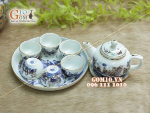 Bộ ấm chén quả hồng men rong cổ họa tiết Trúc Lâm Thất Hiền, khay tròn 300ml - Vẽ vàng 24k