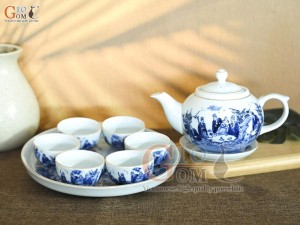 Bộ ấm chén quả hồng men rong cổ họa tiết Trúc Lâm Thất Hiền kẻ chỉ vàng kim, khay tròn 350ml