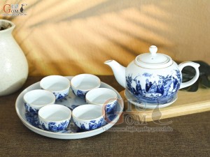 Bộ ấm chén quả hồng men rong cổ họa tiết Trúc Lâm Thất Hiền kẻ chỉ vàng kim, khay tròn 350ml