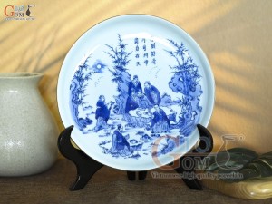 Bộ ấm chén quả hồng men rong cổ họa tiết Trúc Lâm Thất Hiền kẻ chỉ vàng kim, khay tròn 350ml