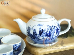 Bộ ấm chén quả hồng men rong cổ họa tiết Trúc Lâm Thất Hiền kẻ chỉ vàng kim, khay tròn 350ml