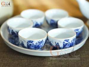 Bộ ấm chén quả hồng men rong cổ họa tiết Trúc Lâm Thất Hiền kẻ chỉ vàng kim, khay tròn 350ml