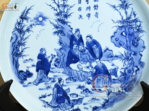 Bộ ấm chén quả hồng men rong cổ họa tiết Trúc Lâm Thất Hiền kẻ chỉ vàng kim, khay tròn 350ml