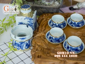 Bộ ấm chén quả hồng men lam họa tiết Trúc Lâm Thất Hiền đầy đủ phụ kiện, bọc đồng