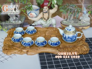 Bộ ấm chén quả hồng men lam cổ cảnh trúc lâm thất hiền, bọc đồng 300ml