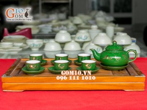 Bộ ấm chén quả hồng xanh Phúc Lộc Thọ, kẻ chỉ vàng kim