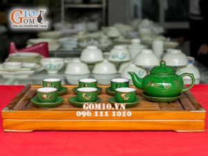 Bộ ấm chén quả hồng xanh Phúc Lộc Thọ, kẻ chỉ vàng kim