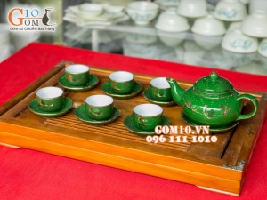 Bộ ấm chén quả hồng xanh Phúc Lộc Thọ, kẻ chỉ vàng kim