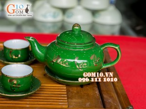 Bộ ấm chén quả hồng xanh Phúc Lộc Thọ, kẻ chỉ vàng kim