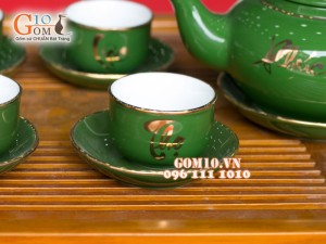 Bộ ấm chén quả hồng xanh Phúc Lộc Thọ, kẻ chỉ vàng kim