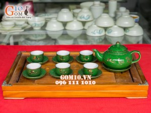 Bộ ấm chén quả hồng xanh Phúc Lộc Thọ, kẻ chỉ vàng kim