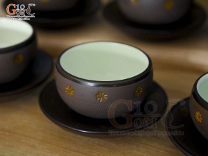 Bộ ấm chén quai ngang, gốm hồng sa khắc sao vàng, 300ml