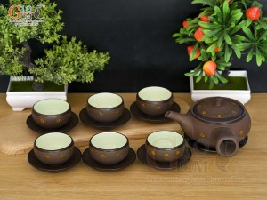 Bộ ấm chén quai ngang, gốm hồng sa khắc sao vàng, 300ml