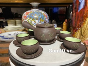 Bộ ấm chén quai ngang gốm hồng sa trăng xanh, dung tích 350ml