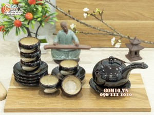 Bộ ấm chén quai ngang men hỏa biến gấm quẹt