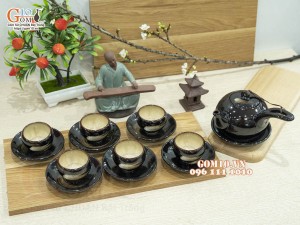 Bộ ấm chén quai ngang men hỏa biến gấm quẹt