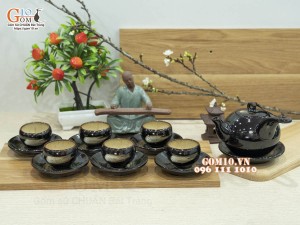 Bộ ấm chén quai ngang men hỏa biến gấm quẹt