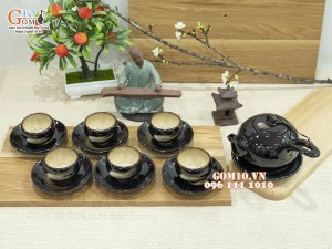 Bộ ấm chén quai ngang men hỏa biến gấm quẹt
