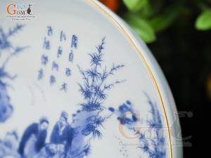 Bộ ấm chén quai ngang men lam cổ họa tiết Trúc Lâm Thất Hiền kẻ chỉ viền vàng kim khay tròn, 200ml