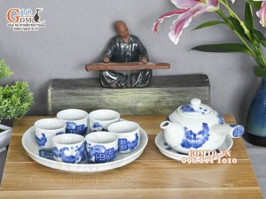 Bộ ấm chén quai ngang men lam cổ vẽ Mai Thọ khay tròn, 280ml