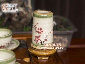 Bộ ấm chén quai ngang men vuốt đầy đủ phụ kiện, vẽ hoa Đào đỏ