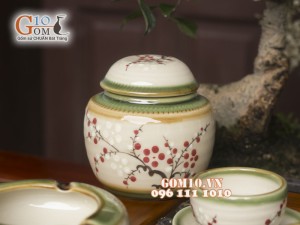 Bộ ấm chén quai ngang men vuốt đầy đủ phụ kiện, vẽ hoa Đào đỏ