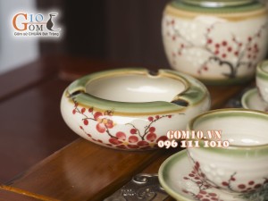 Bộ ấm chén quai ngang men vuốt đầy đủ phụ kiện, vẽ hoa Đào đỏ