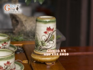 Bộ ấm chén quai ngang men vuốt, vẽ sen, đầy đủ phụ kiện